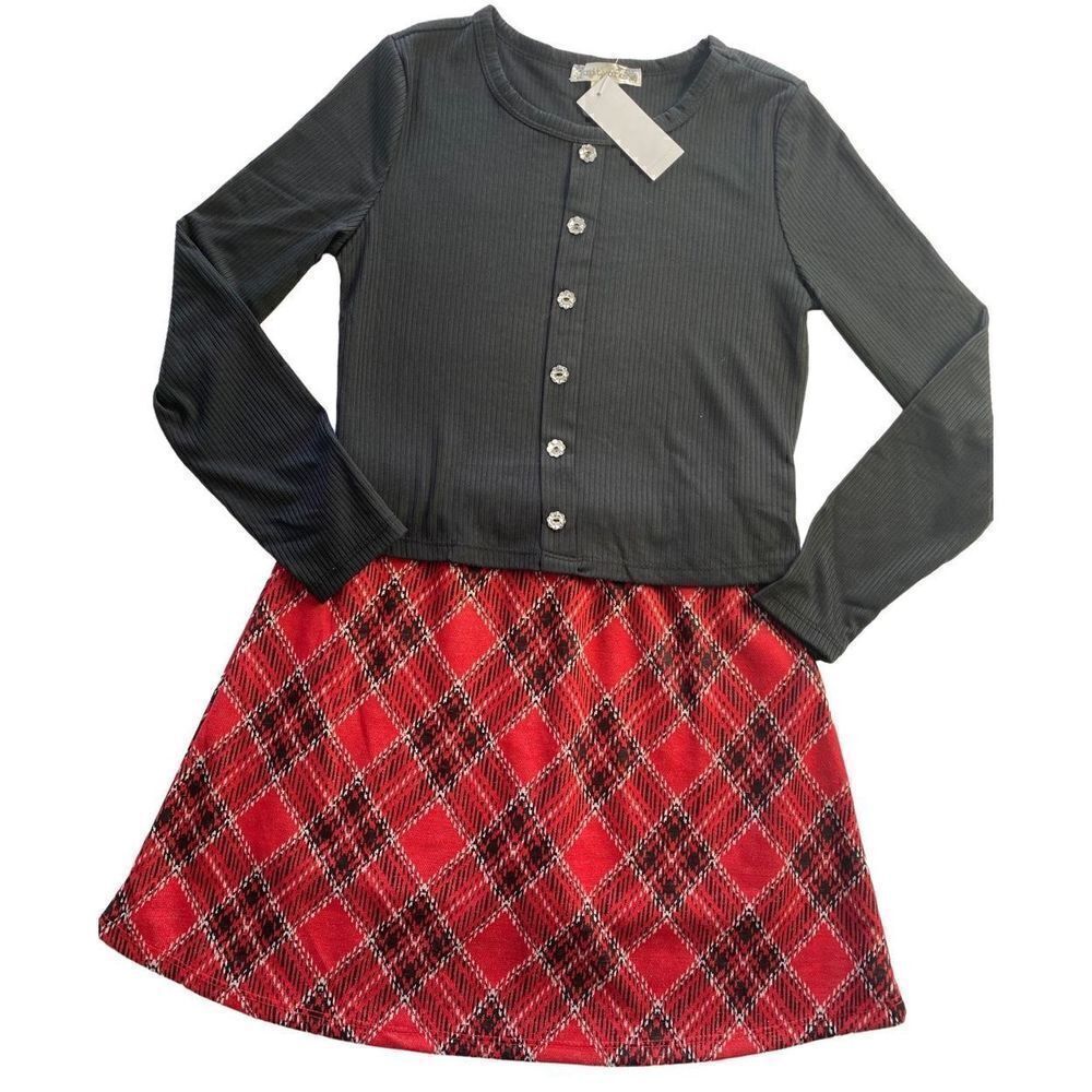 Knit Works Button Girl’s LARGE Top and Plaid Scooter Skirt Set